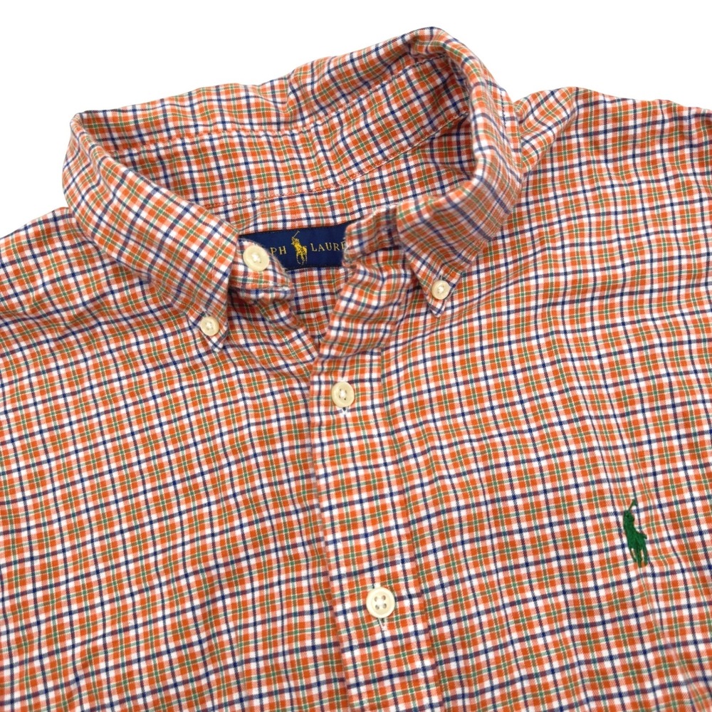 Polo Ralph Lauren Button Down Shirt Large Orange Blue Green Plaid Long Sleeve